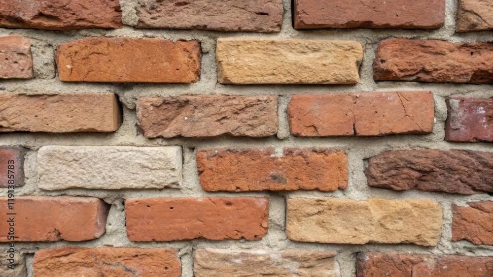 Poster A detailed shot capturing assorted brick shapes and sizes with a focus on the irregularities in the mortar joint conveying a rustic and handmade aesthetic.