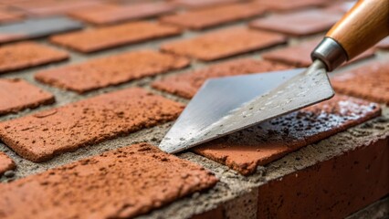 A detailed closeup of the trowel sc across the brick surface showcasing the contrast between the rough brick texture and the smooth wet mortar.