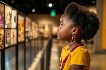 Curious child engaging with interactive museum exhibit. Black History Month