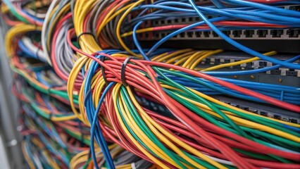 A detailed image of tangled wires and cables showcasing the vibrant colors interwoven with each other highlighting the complexity and chaotic beauty of their structure.