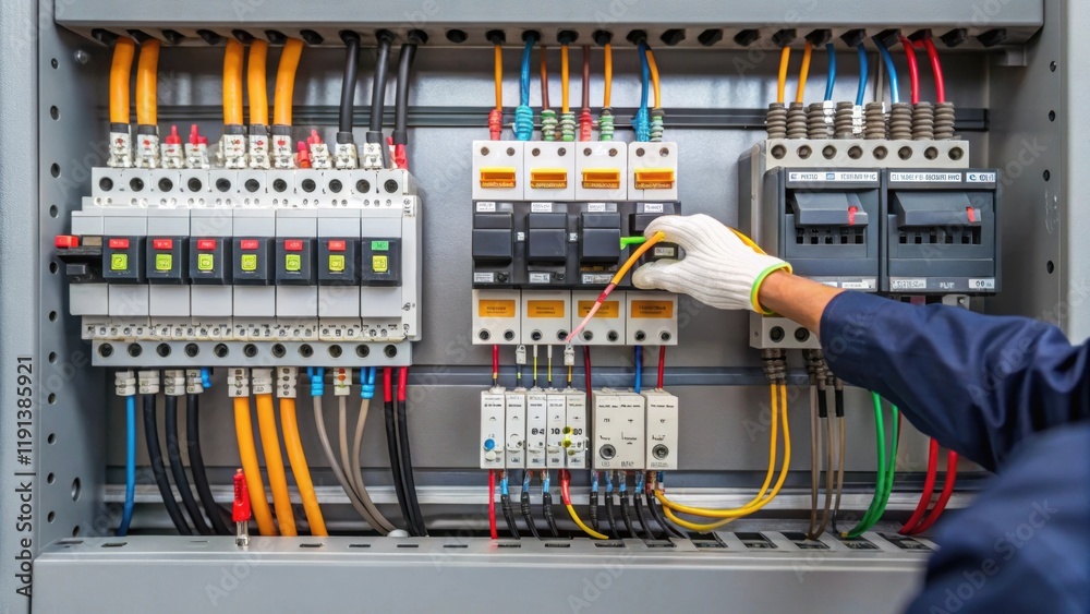 Aufkleber A detailed view of electrical components being assembled featuring a worker connecting wires on a control panel emphasizing the complexity of power distribution technology.