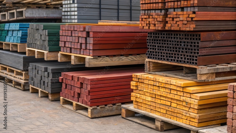 Poster A detailed view of building materials stacked neatly on a wooden palette emphasizing the rich colors and patterns of raw wood steel bars and bricks creating an organized tapestry