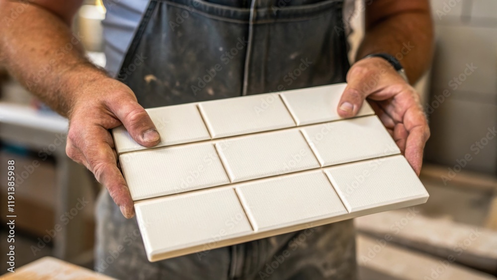Poster A detailed view of the workers hands calloused and strong cradles a freshly tile with the bright edges calling attention to the smoothness of the and the craftsmanship involved.