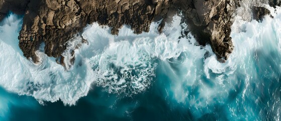 Aerial View of Turquoise Waves Crashing Against Rocky Shoreline at Sunset
