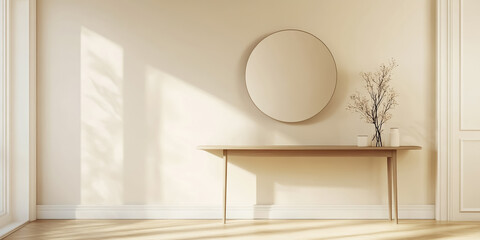 A clean and welcoming entryway with a sleek console table, a round mirror, and a small vase of fresh flowers. 