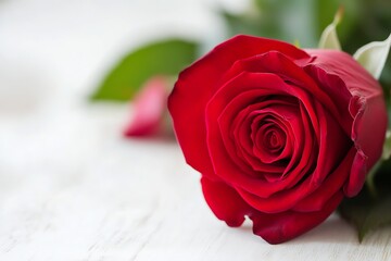 Single red rose in full bloom on white rustic background close-up with soft petals : Generative AI