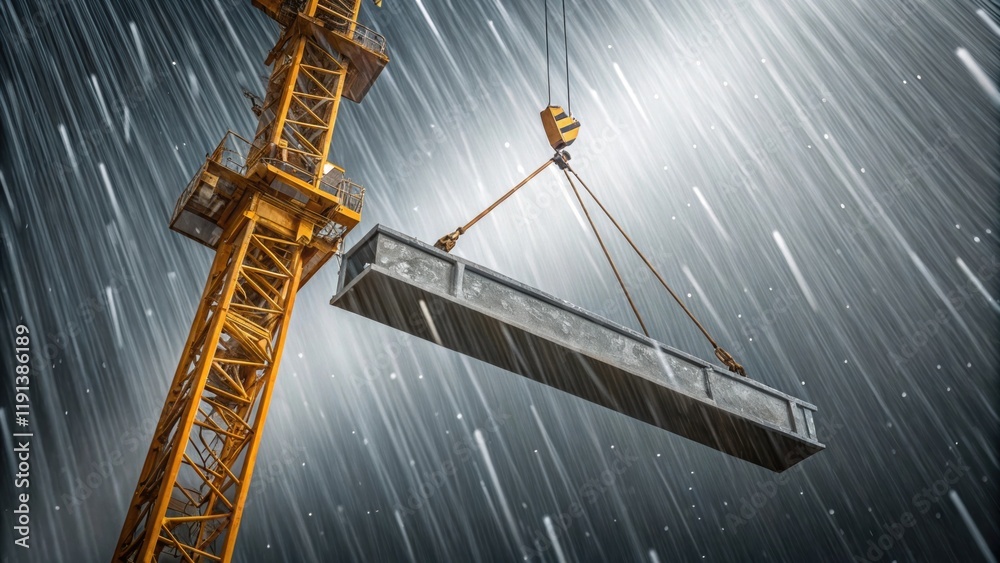 Poster a dynamic angle capturing the crane lifting the beam upwards with windswept rain streaking through t