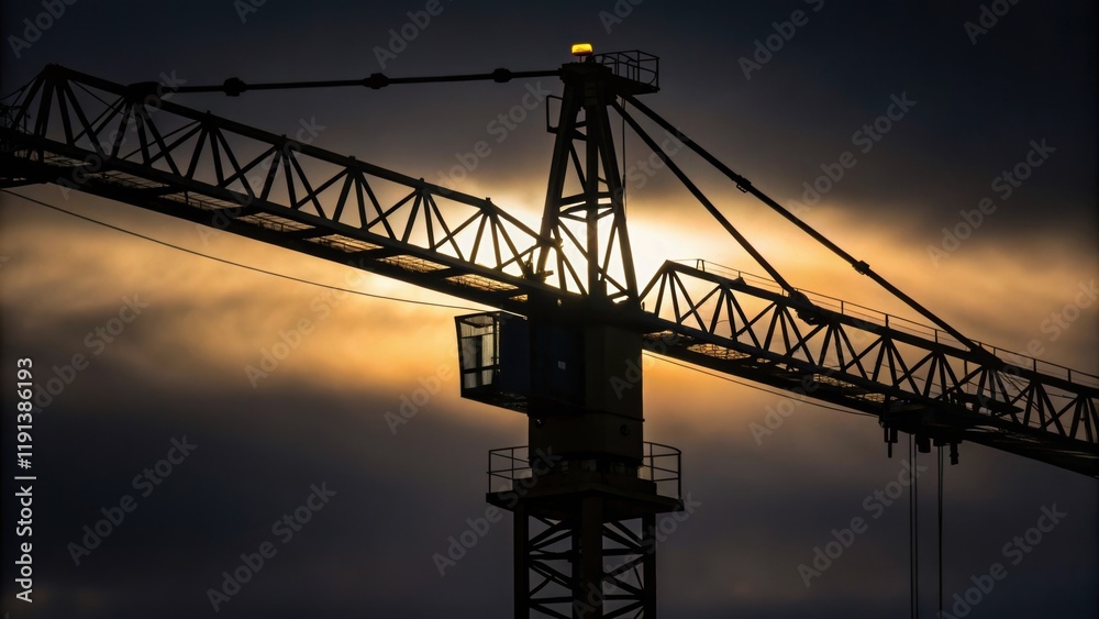 Poster a dramatic medium closeup of a crane arm silhouetted against a darkening sky its geometric forms hig