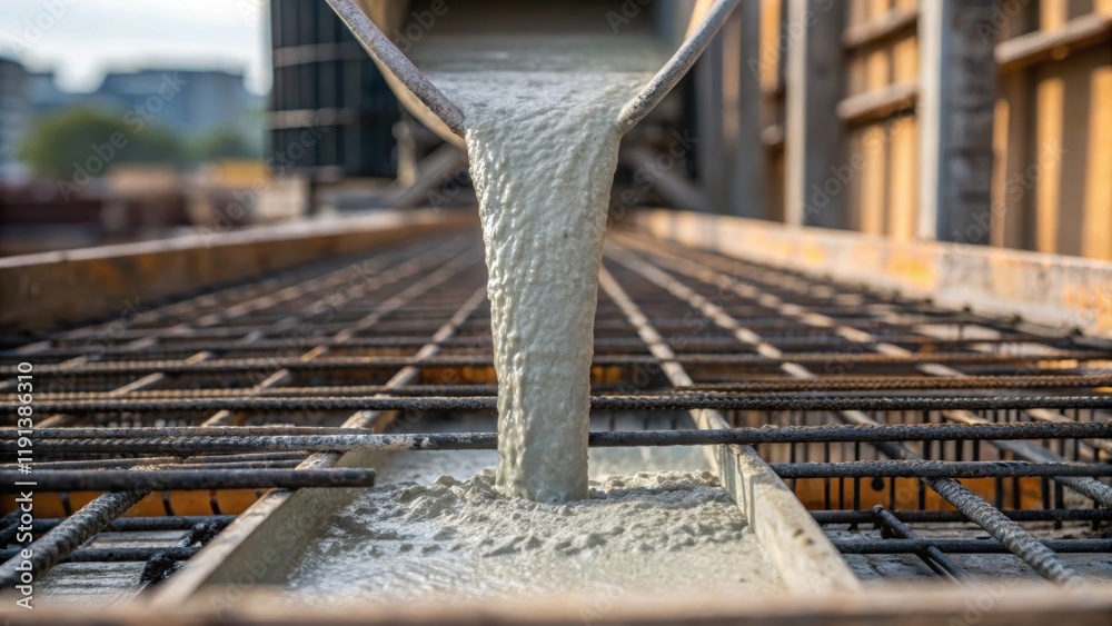 Poster A focused shot of concrete being poured from a chute into a reinforced structure the viscous material cascading down with precision transforming the area into a solid foundation.