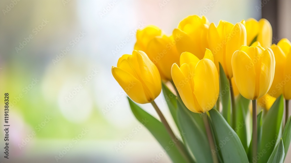 Poster vibrant yellow tulips in bloom against soft blurred background of nature : generative ai