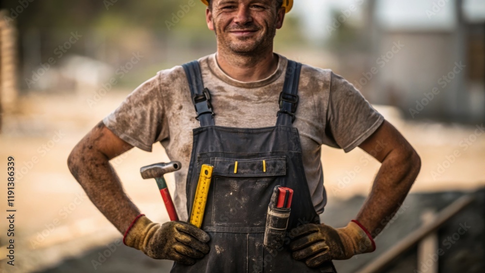 Poster A focused shot of the construction workers hands now resting on his hips covered in grime presenting the tools of his trade as he beams at the camera demonstrating both pride and