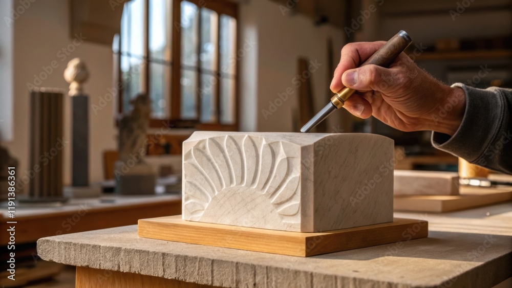 Fototapete a hand gripping a chisel expertly carving delicate lines into a block of stone representing the tran