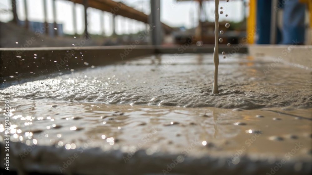 Poster A hazy closeup of concrete being poured with droplets splattering under footfalls reflecting the raw materiality and foundational essence of physical structures taking shape.