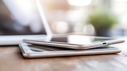 Stack of digital tablets on wooden desk for modern education or business technology concept : Generative AI