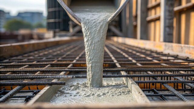 A focused shot of concrete being poured from a chute into a reinforced structure the viscous material cascading down with precision transforming the area into a solid foundation.