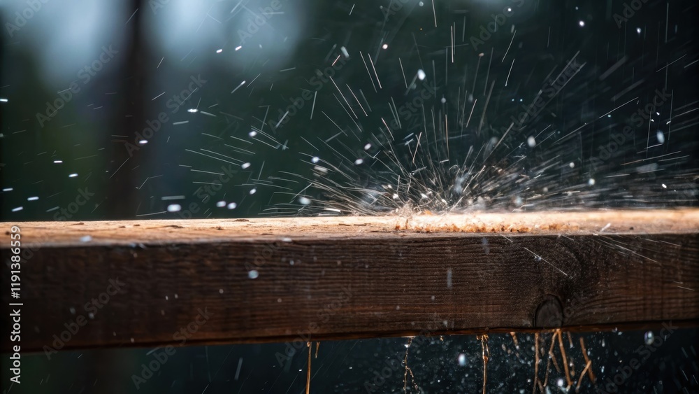 Poster a medium closeup captures the moment of impact with splinters flying off the wooden beam creating a 