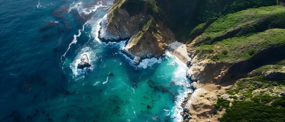 Aerial View of Turquoise Ocean Waves Crashing on Rocky Shoreline