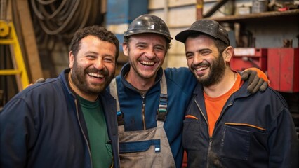 Fototapeta premium A medium closeup capturing a group of workers huddled together sharing a moment of laughter amidst the toil portraying camaraderie and the human element behind the machinery and