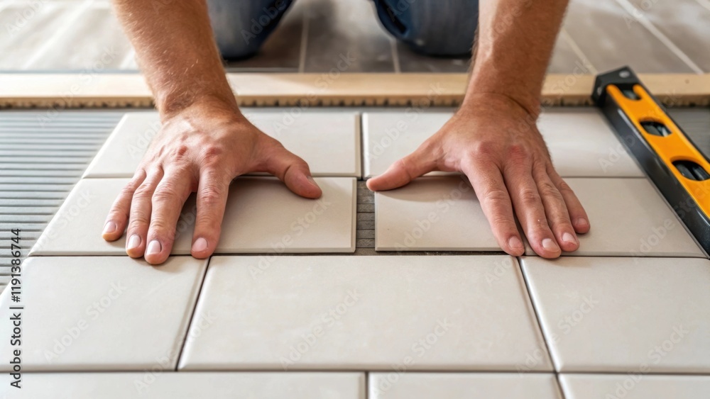 Fototapete A medium closeup capturing the hands of a tiler gently pressing down on a tile ensuring it adheres securely to the surface while preserving its alignment with neighboring tiles.