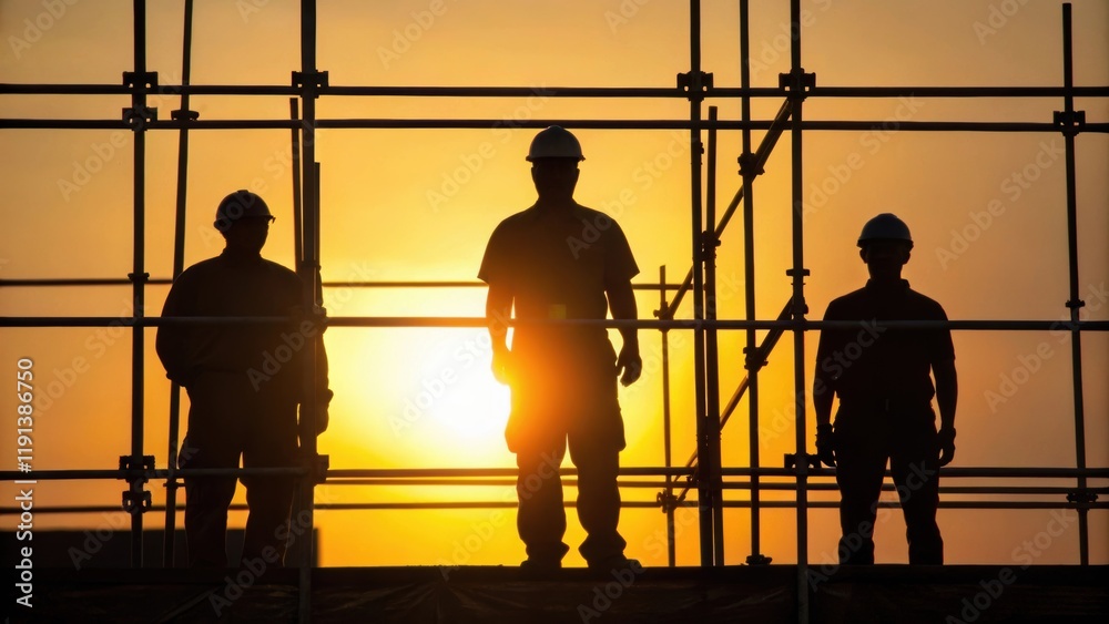 Poster a medium closeup capturing workers silhouetted against the bright light of sunset their defined shad