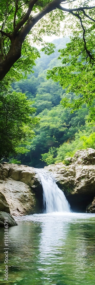 Poster majestic forest waterfall cascading into rocky pool surrounded by lush greenery : generative ai