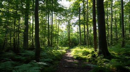 Obraz premium Enchanting Sunlit Forest Pathway with Lush Greenery Illuminating the Woodland : Generative AI