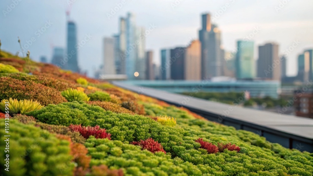 Poster a medium closeup featuring multicolored sedums thriving on a sloped green roof with the city skyline