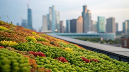 Fototapeta premium A medium closeup featuring multicolored sedums thriving on a sloped green roof with the city skyline blurred in the background demonstrating the harmony between nature and urban