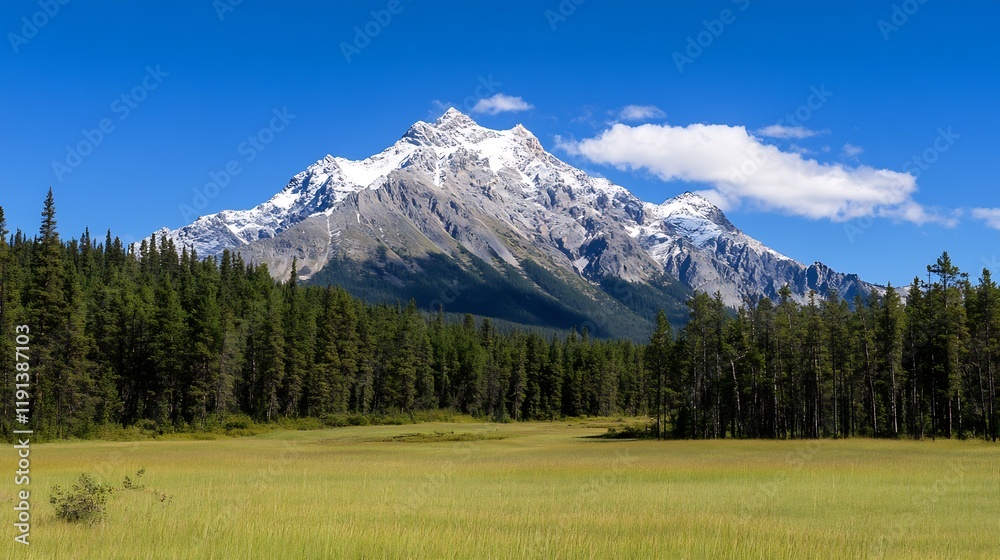 Poster majestic snow-covered mountain range surrounded by dense lush forest on a clear day : generative ai