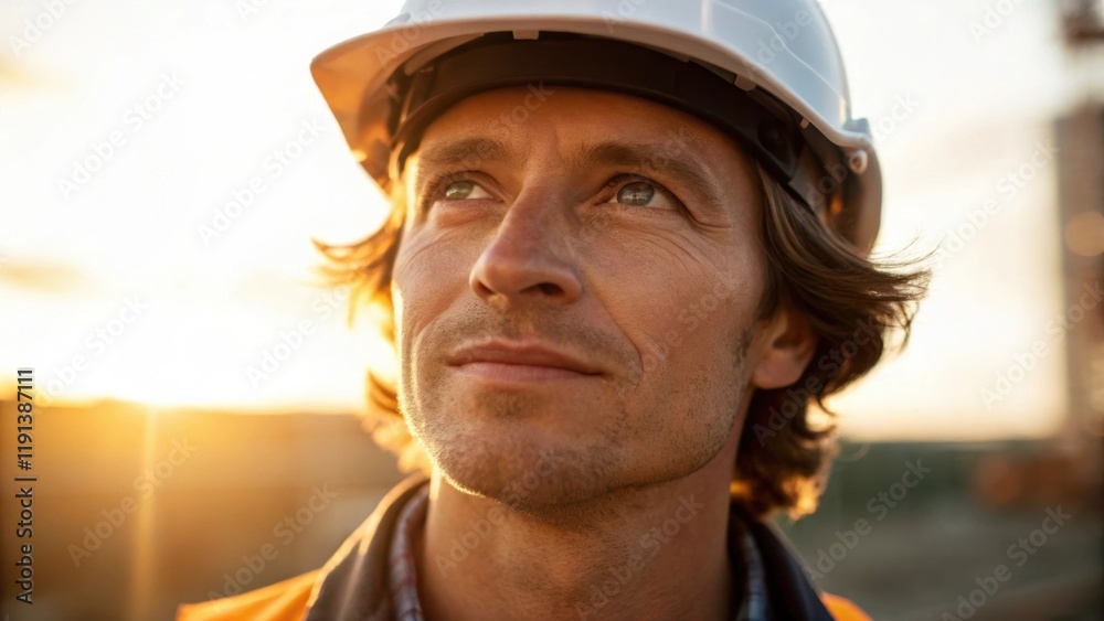 Poster A medium closeup focused on the workers facial expression a mix of pride and reflection with the sun casting a warm glow illuminating their features and creating depth.