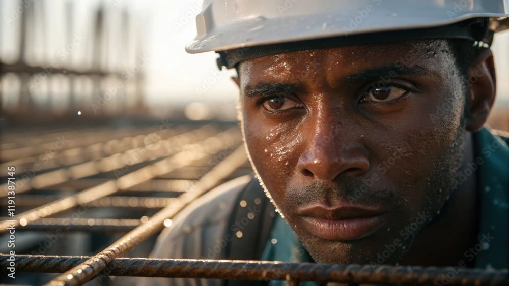 Poster a medium closeup focusing on a construction workers face sweat glistening on their forehead as they 