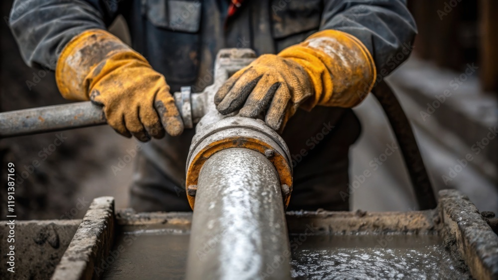 Poster a medium closeup focusing on a workers hands guiding the pump with concrete midflow where the gleami