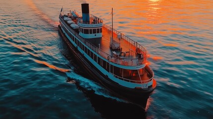 Obraz premium Sunset cruise ship, ocean voyage, golden hour, calm waters, travel