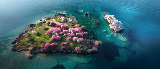 Aerial View of Lush Island with Vibrant Cherry Blossom Trees and Clear Waters