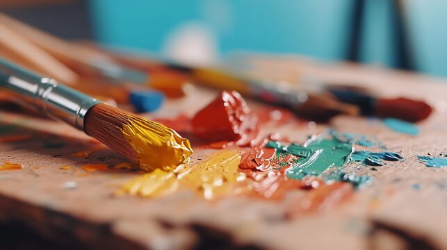 Artist's palette with paintbrushes and vibrant colors