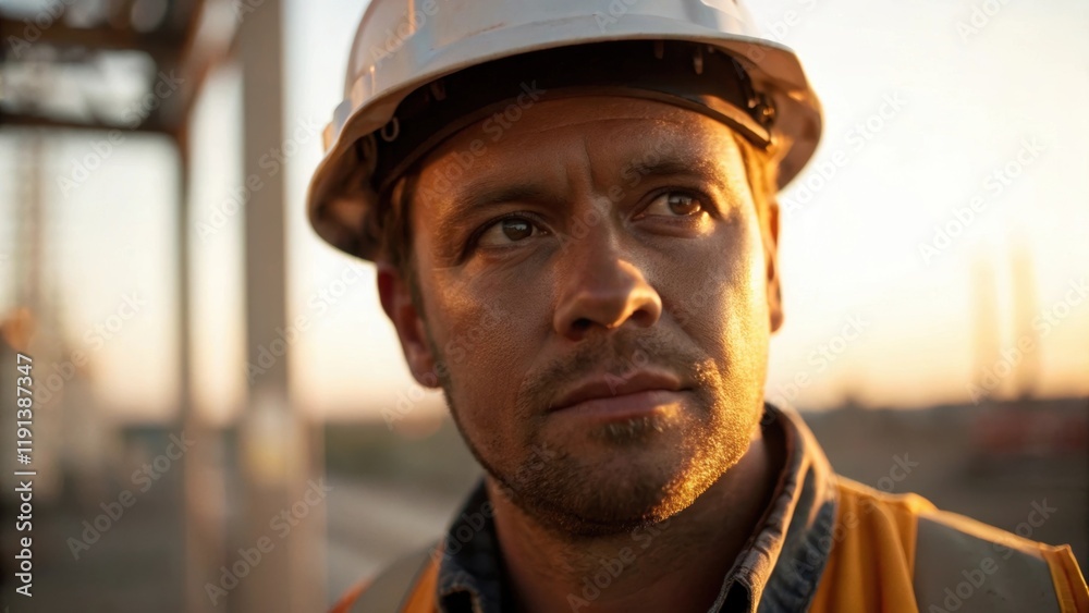 Poster a medium closeup focusing on the workers face illuminated by early morning light as they take a mome