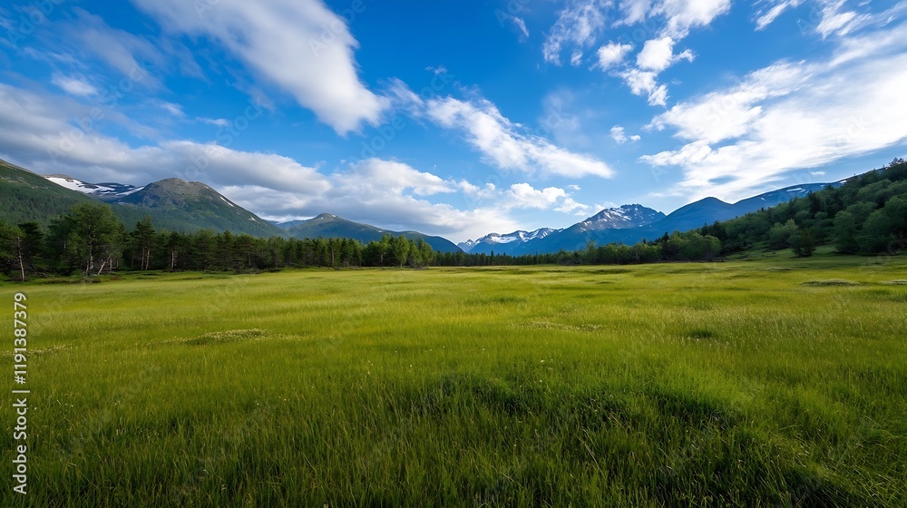 Poster expansive meadow under vast sky with mountainous horizon in pristine landscape : generative ai