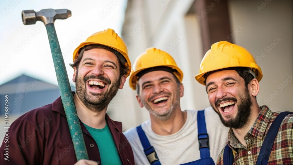 Poster A medium closeup framing the trio of workers in the foreground with a playful expression on ones face as he holds up an oversized tool making the others burst into laughter and