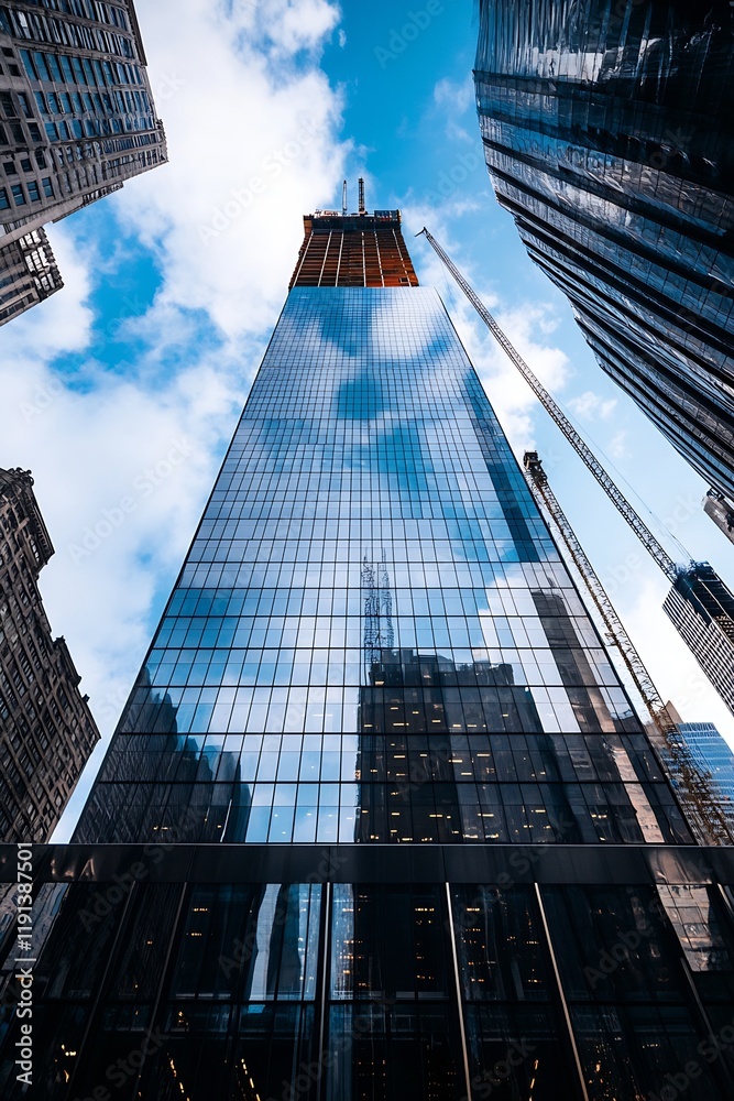 Poster Modern Skyscraper Reflecting Blue Sky and Clouds in Urban Setting : Generative AI