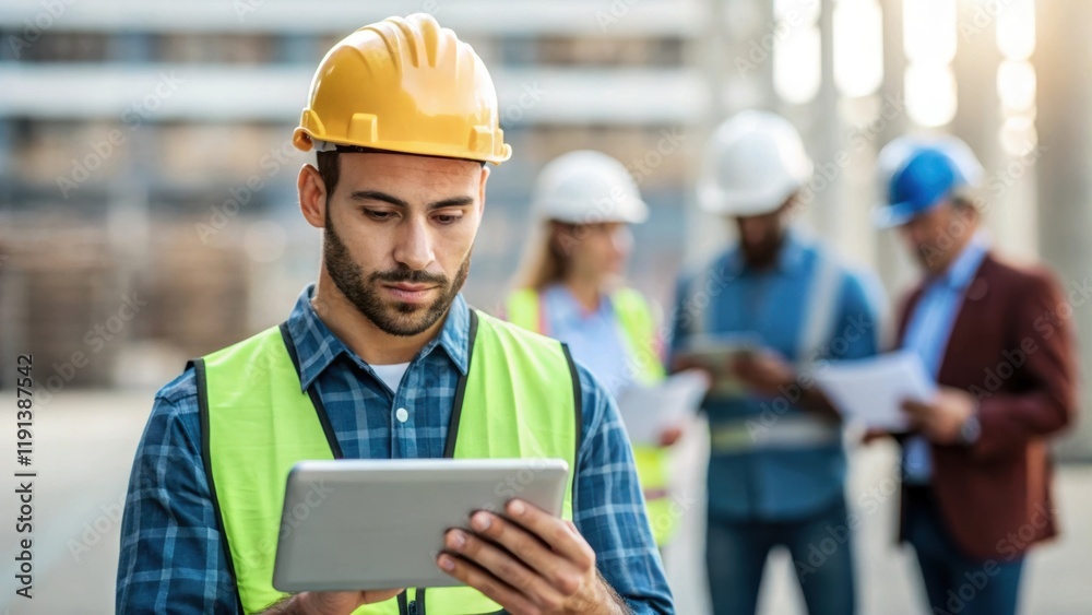 Aufkleber A medium closeup image of a construction worker using a tablet to input data with a diverse group of colleagues discussing plans in the background highlighting the integration of