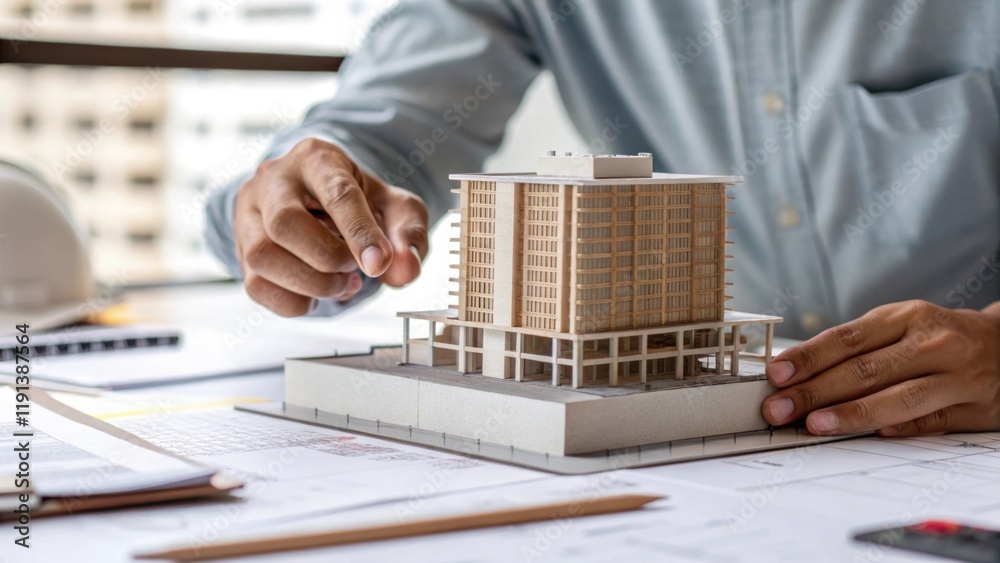 Poster A medium closeup image of an architect reviewing a 3D model of a building with their hands gesturing toward specific areas. The focus emphasizes the intricate details of the model