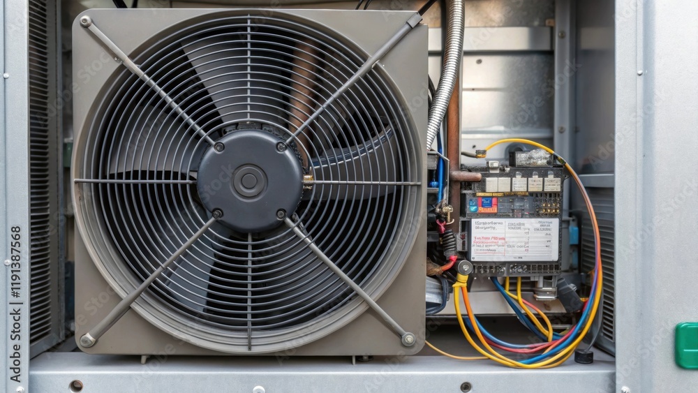 Aufkleber A medium closeup image of an air handler unit focusing on the large blower fan and intake filter with wires and electrical components visible demonstrating the complexity of
