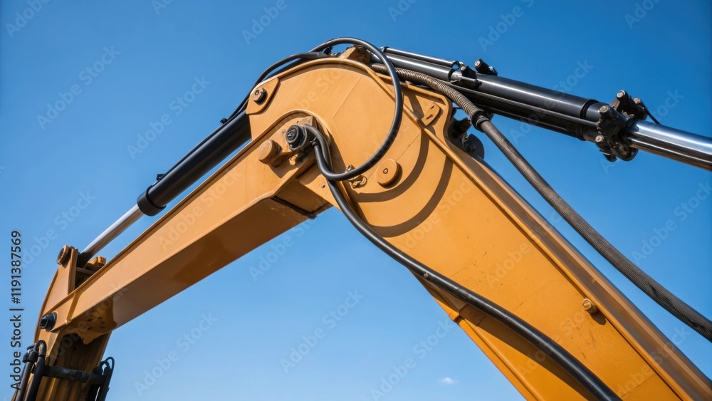 Poster a medium closeup image of an excavators boom arm highlighted against a clear blue sky with intricate