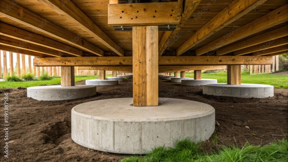 Poster a medium closeup image of a pier and beam foundation highlighting wooden beams elevated above ground