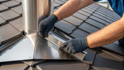 A medium closeup image highlighting a pair of gloved hands fastening a metal chimney flashing to the roof emphasizing the attention to detail in waterproofing techniques.