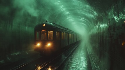 Train speeding through misty green tunnel.