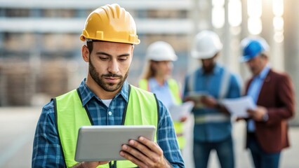 A medium closeup image of a construction worker using a tablet to input data with a diverse group of colleagues discussing plans in the background highlighting the integration of