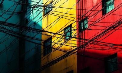 Fototapeta premium Colorful building facade, tangled wires, urban scene.