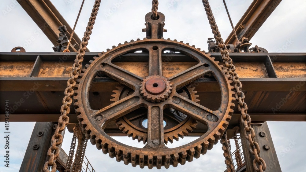 Poster a medium closeup of a 19thcentury steampowered crane lifting large beams highlighting the rusted gea