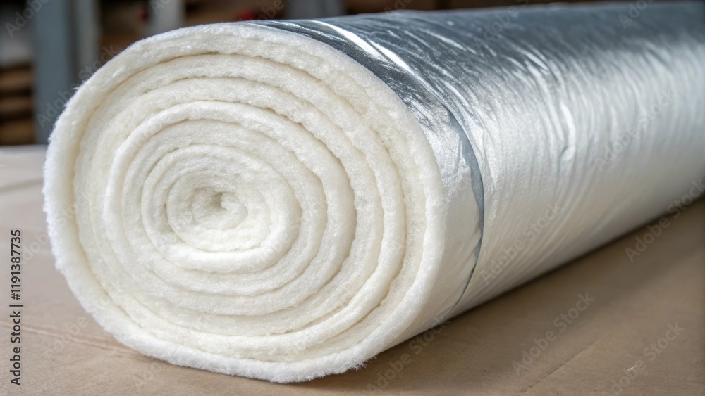 Poster A medium closeup of a batts insulation roll displaying its layered structure and soft fibrous surface with the faint sheen of a vapor barrier on one side reflecting its moisture